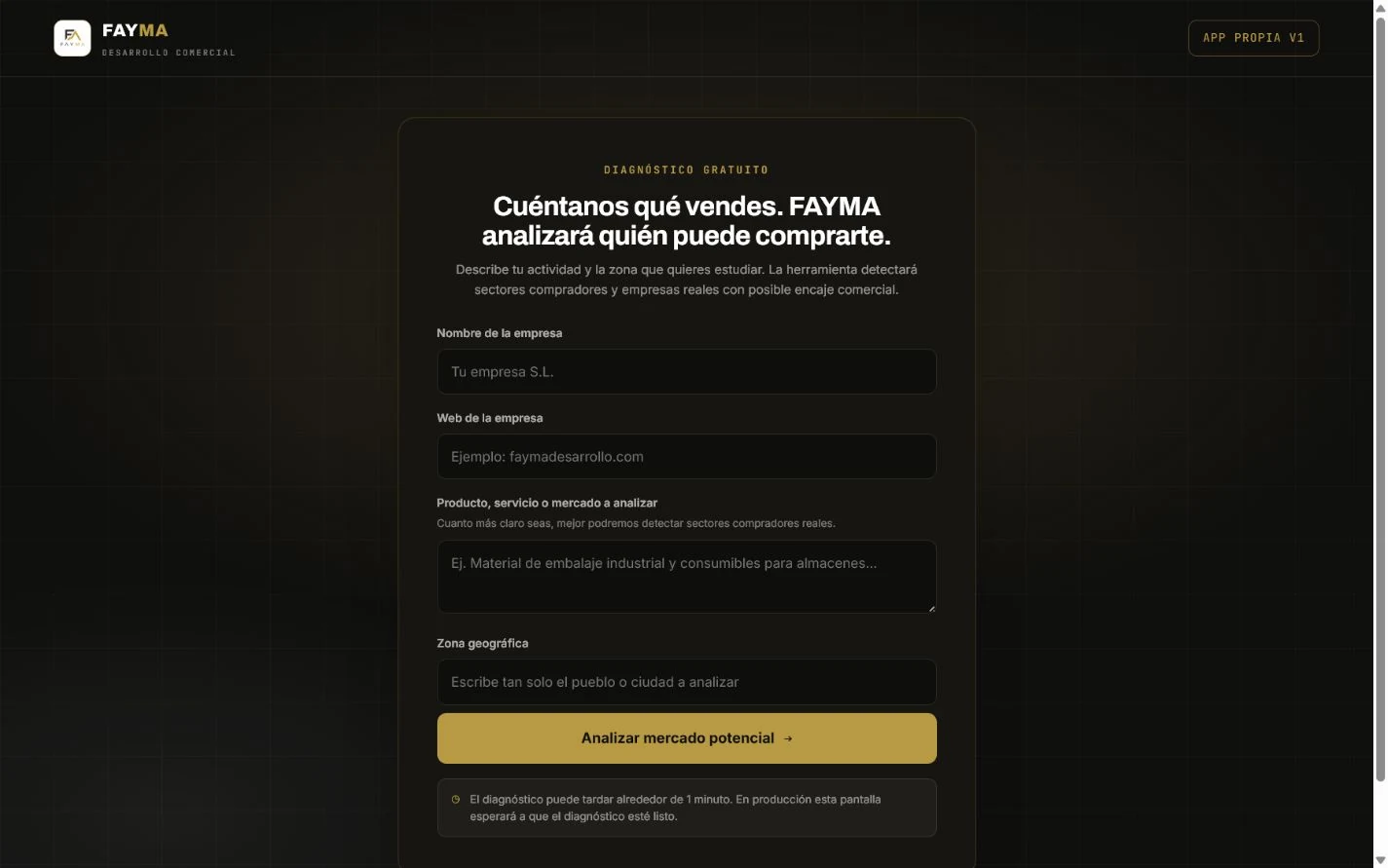 Pantalla real del diagnóstico comercial de App FAYMA